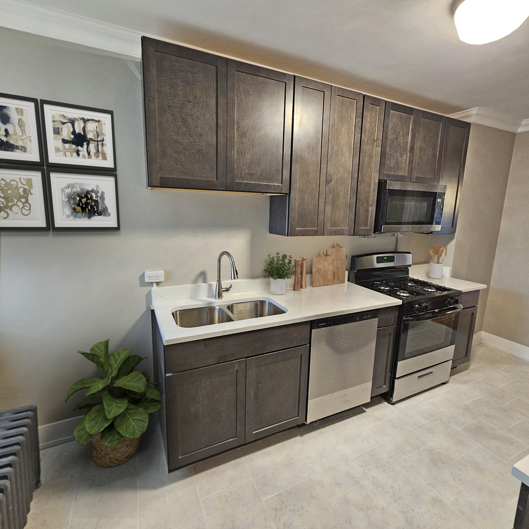 424 Wisconsin Avenue, Unit 3N Oak Park, IL 60302 - Photo 17 of 20 a kitchen with stainless steel appliances a sink a stove a refrigerator cabinets and a dining table