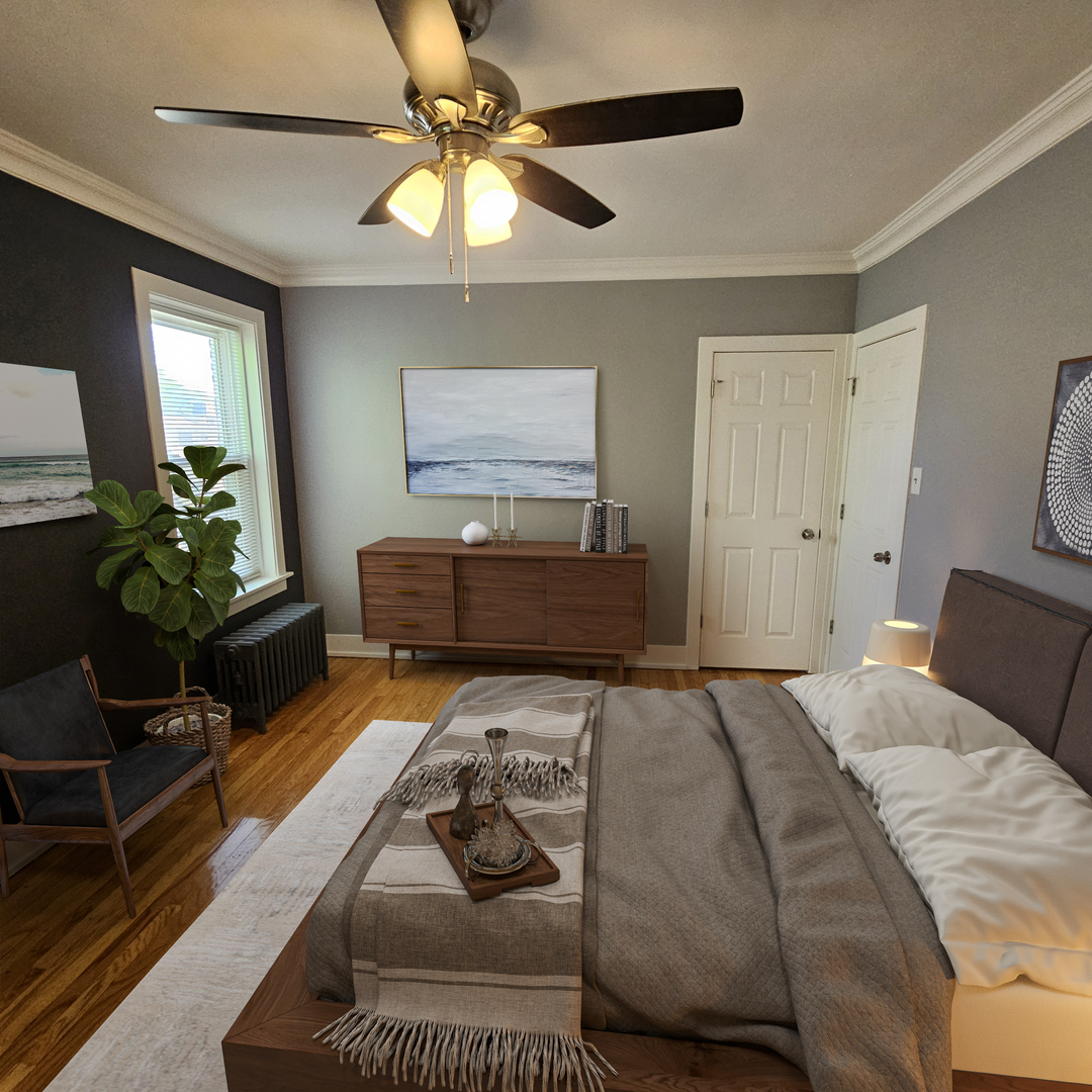 424 Wisconsin Avenue, Unit 3N Oak Park, IL 60302 - Photo 5 of 20 a bedroom with a bed furniture and a chandelier