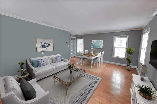 a living room with furniture and a table