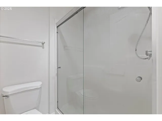 a bathroom with a shower and a toilet