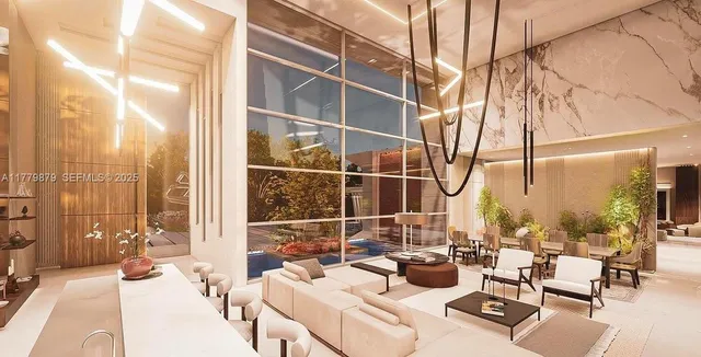 a view of a living room with a floor to ceiling window and outdoor space