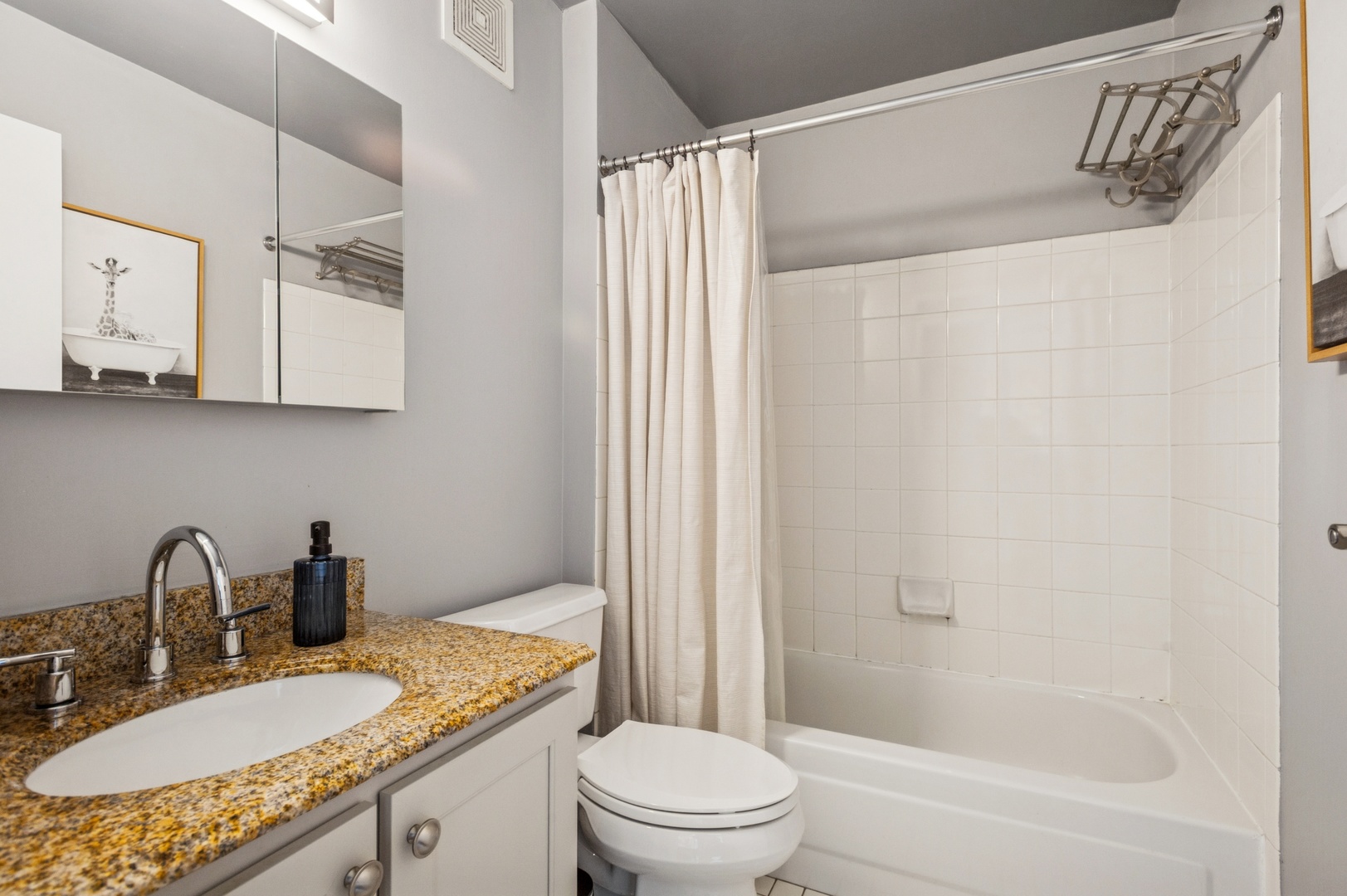 111 West Maple Street, Unit 1704 Chicago, IL 60610 - Photo 16 of 24 a bathroom with a granite countertop sink a toilet and shower