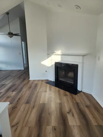 a view of empty room with wooden floor fireplace