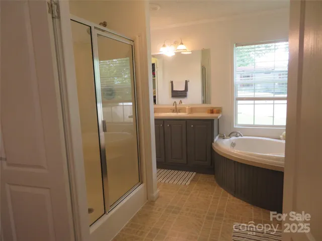 a bathroom with a tub sink shower and mirror