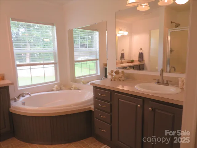 a bathroom with a tub sink and mirror