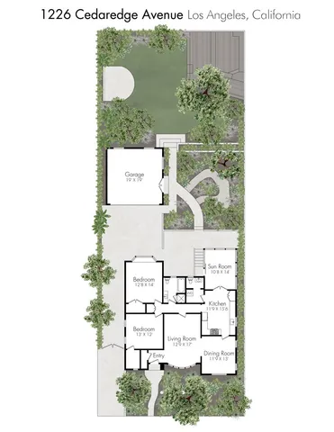 a view of a yard with potted plants