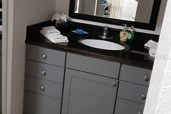 a bathroom with a sink and a mirror