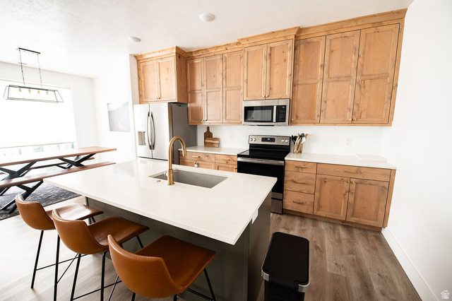 384 Ropelato Drive Nibley, UT 84321 - Photo 3 of 25 Kitchen with stainless steel appliances, a kitchen island with sink, a kitchen bar, light wood-type flooring, and hanging light fixtures