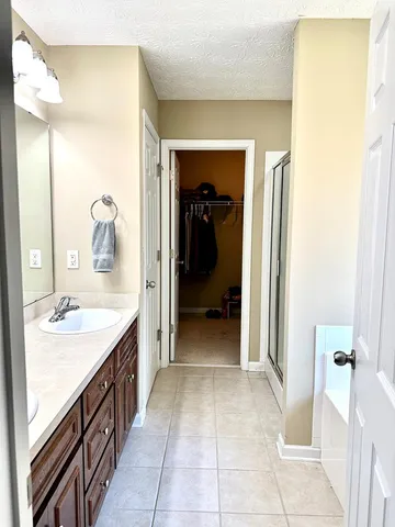 a bathroom with a sink a mirror and a shower