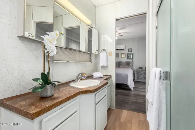 a bathroom with a sink a vanity and mirror