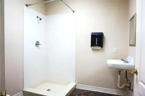 a bathroom with a sink a mirror and a shower