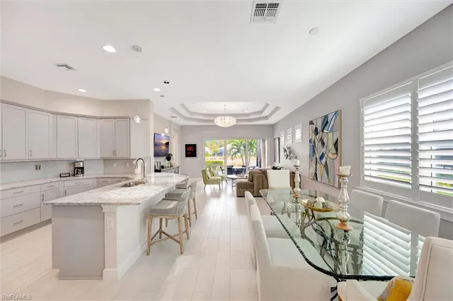 a view of a kitchen and dining room