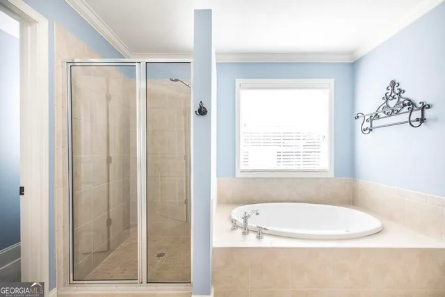 a bathroom with a bathtub and a shower