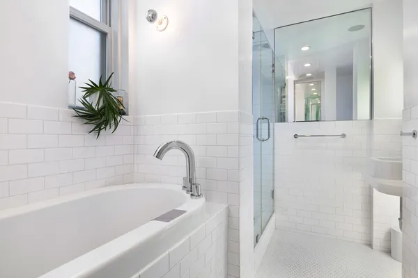 a bathroom with a bathtub and a shower