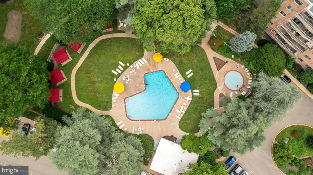 an aerial view of a swimming pool