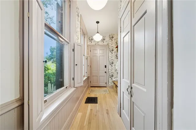 a bathroom with a chandelier