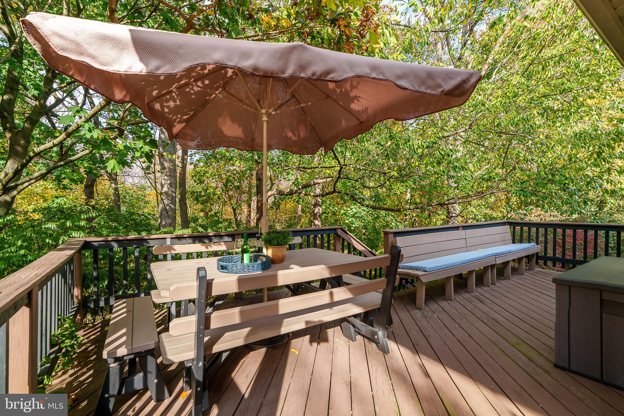 231 Owl Hill Road Lititz, PA 17543 - Photo 16 of 77 a view of a patio with table and chairs under an umbrella with wooden floor