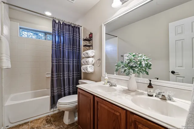 a bathroom with a sink a toilet a mirror a vanity and shower