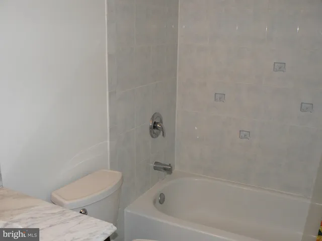 a bathroom with a bathtub and a toilet