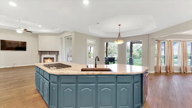 a dining hall with stainless steel appliances granite countertop a sink dishwasher a fireplace and a dining table with wooden floor