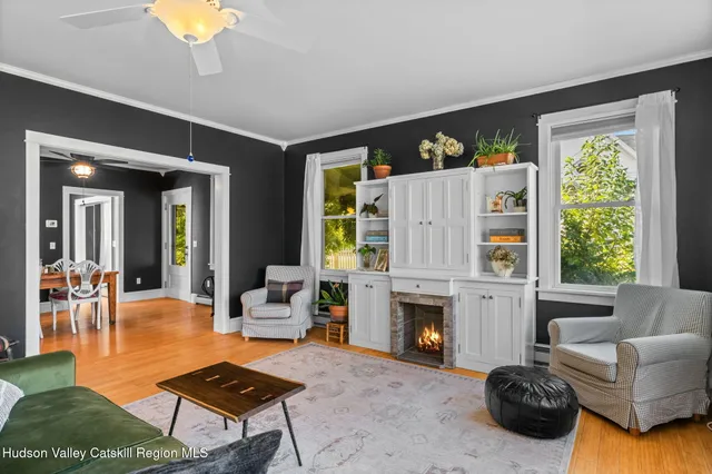 a view of a dining room with furniture