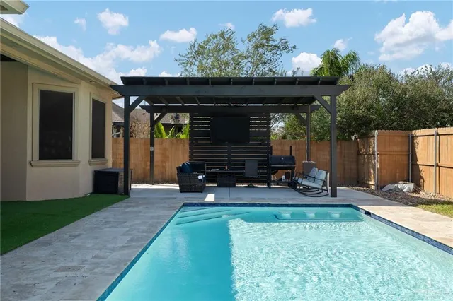 a view of a backyard with swimming pool