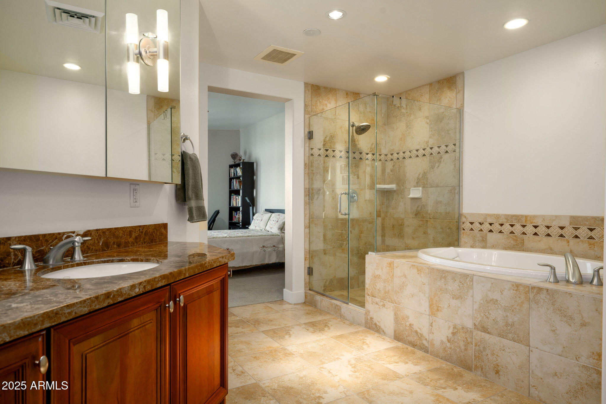 140 East Rio Salado Parkway, Unit 509 Tempe, AZ 85281 - Photo 6 of 43 a bathroom with a granite countertop sink a toilet a mirror and shower