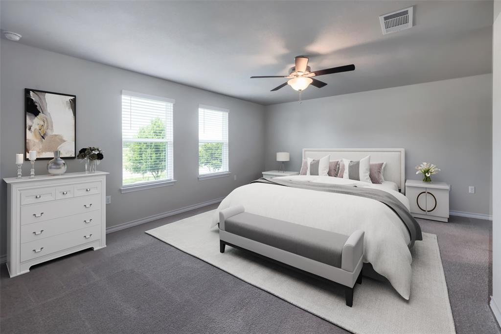 2004 Rinker Ranch Drive Austin, TX 78725 - Photo 13 of 23 a spacious bedroom with a bed a chandelier and a window