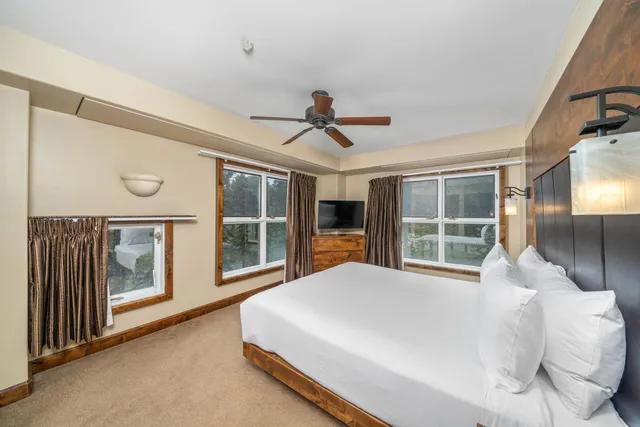 a bedroom with a large bed and a large window