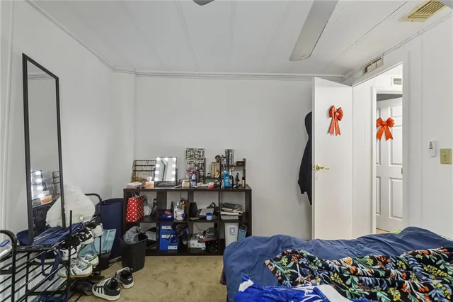 a bedroom with bed and walk in closet