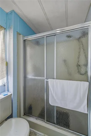 a bathroom with a shower and a toilet