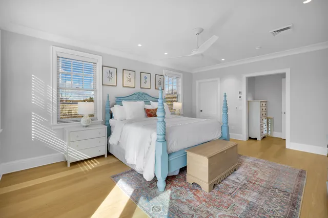 a bathroom with a shower and a door