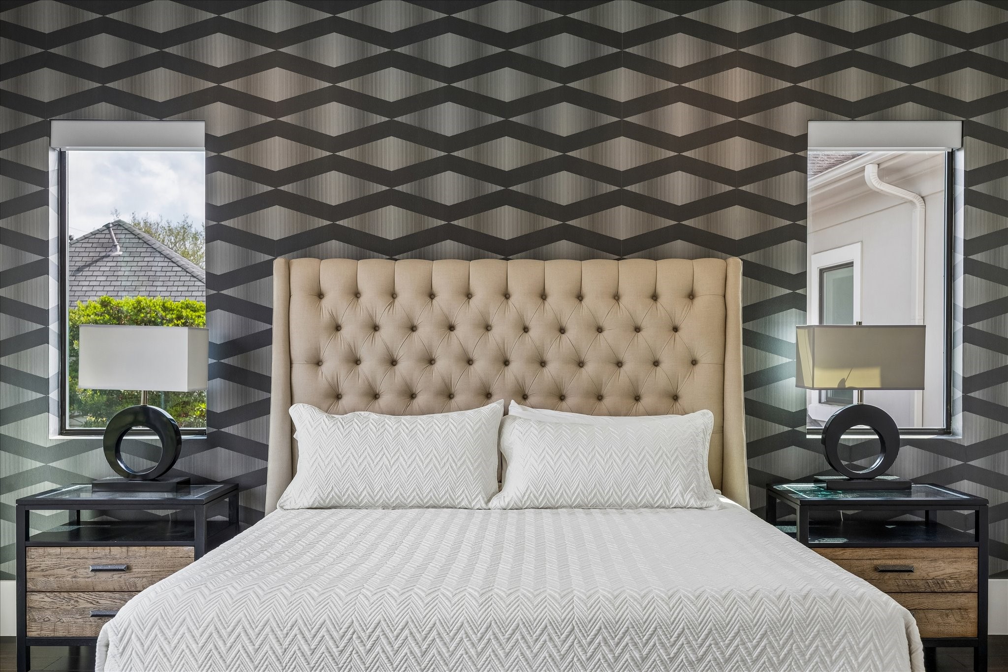 3814 Drake Street Houston, TX 77005 - Photo 39 of 50 Geometric designer wallpaper creates a dramatic focal point in the primary suite.