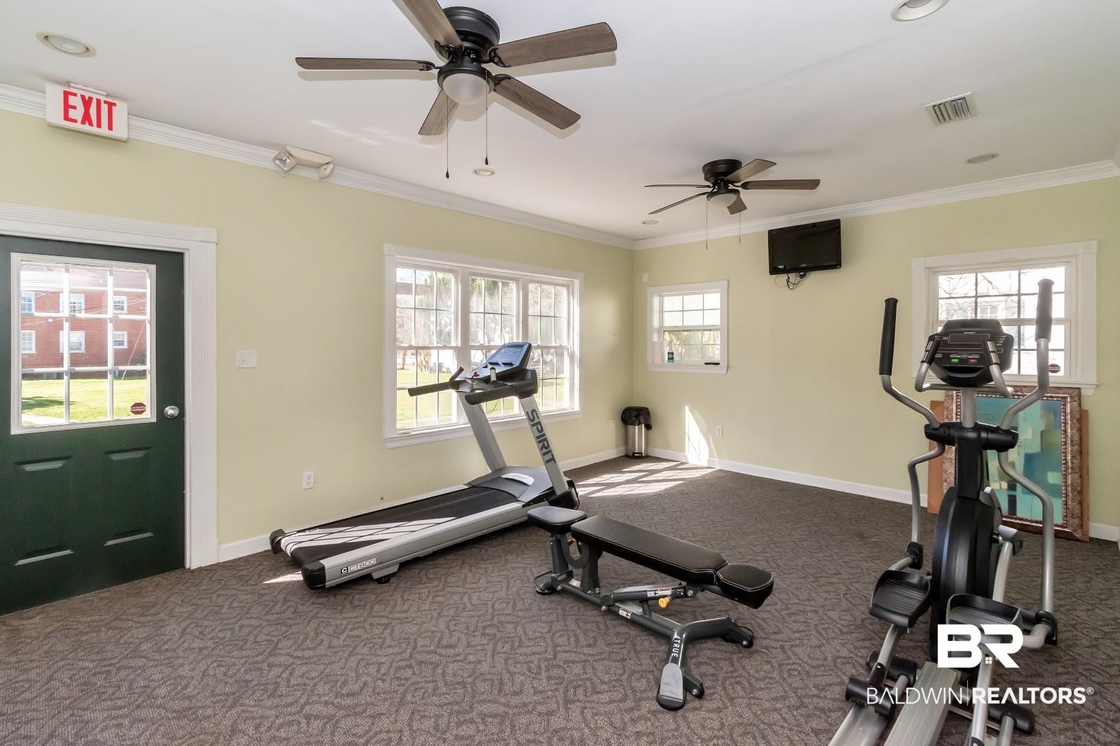 214 Upham Street, Unit 4A Mobile, AL 36607 - Photo 9 of 23 Workout room with visible vents, carpet, ornamental molding, and a ceiling fan