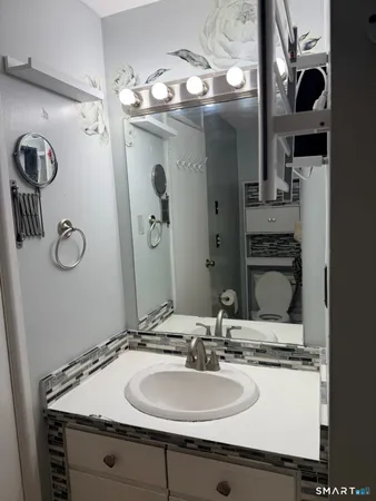 a bathroom with a sink and a mirror