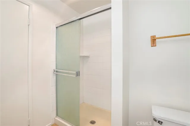 a bathroom with a shower and a toilet