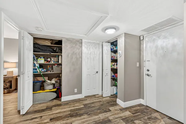 a view of a room with shelves