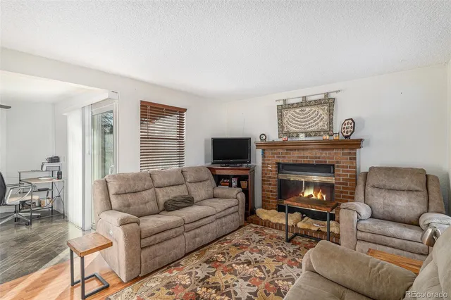 a living room with furniture a flat screen tv and a fireplace