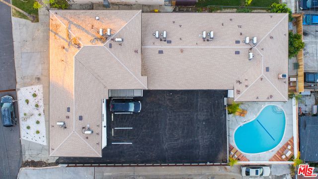 an aerial view of a swimming pool