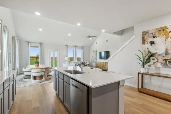 a view of a living room and dining room