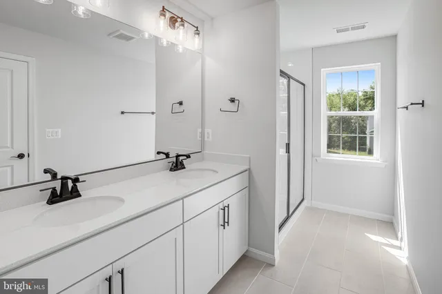 a bathroom with a double vanity sink a mirror and shower