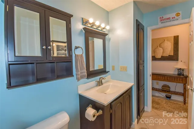 a bathroom with a sink a toilet and mirror