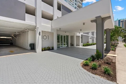 a view of a building with a street