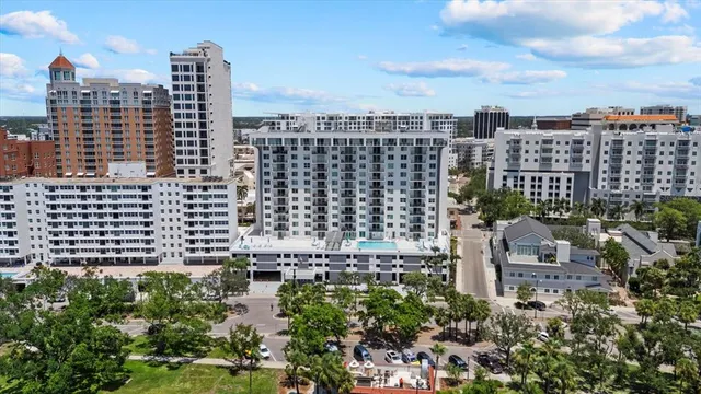 a view of a city with tall buildings