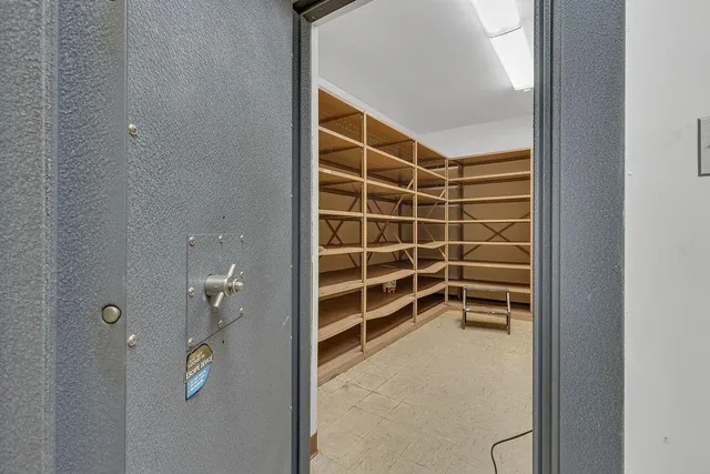 a view of room with walk in closet and empty racks