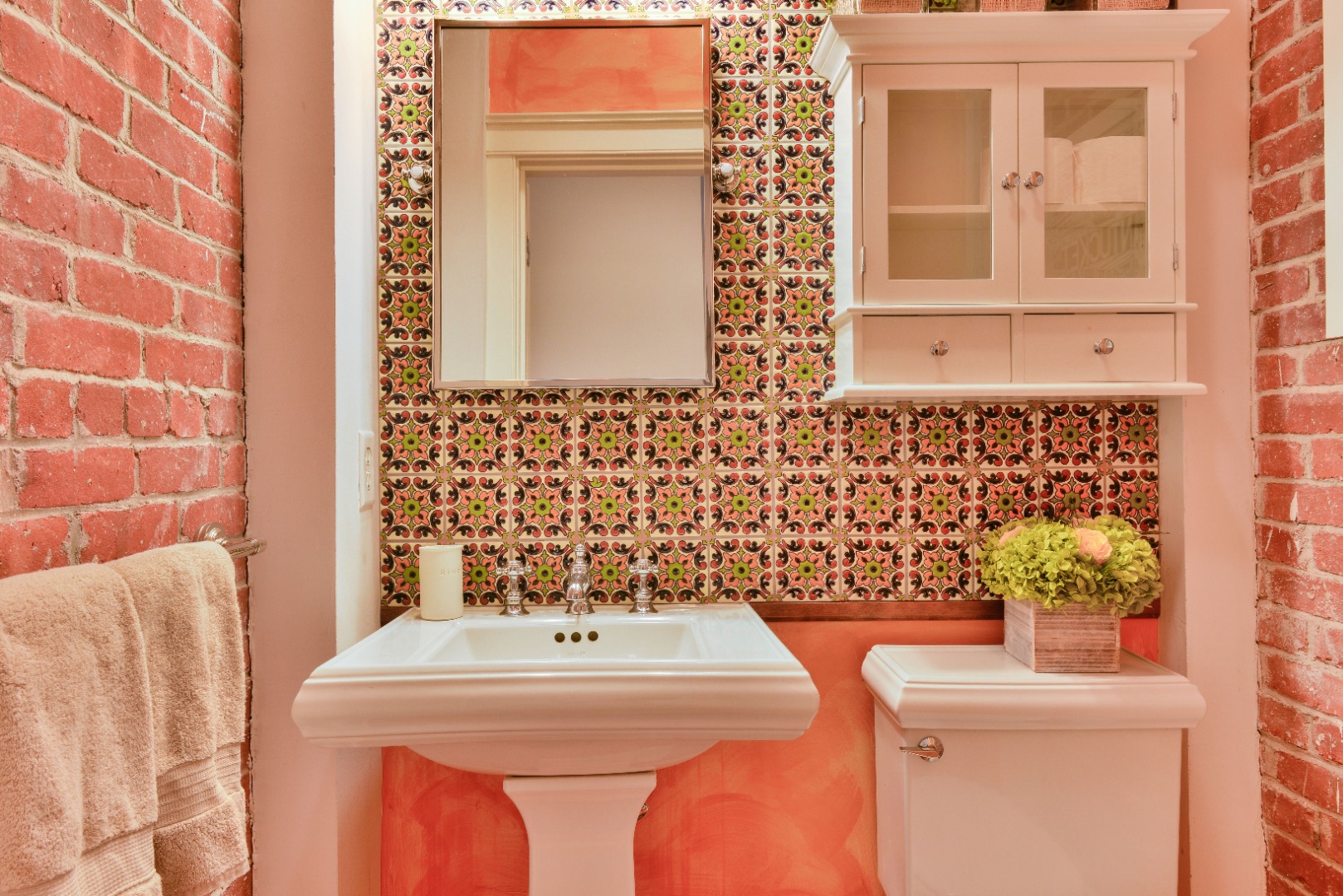 23 West Chester Street, Unit B Nantucket, MA 02554 - Photo 15 of 21 Powder room with custom tile and exposed brick