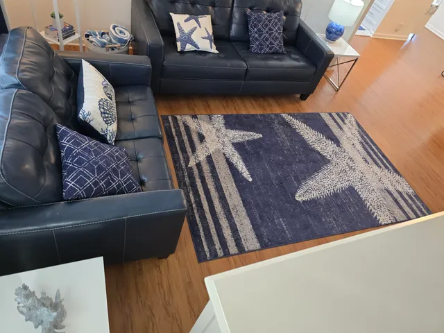 a living room with furniture rug and window