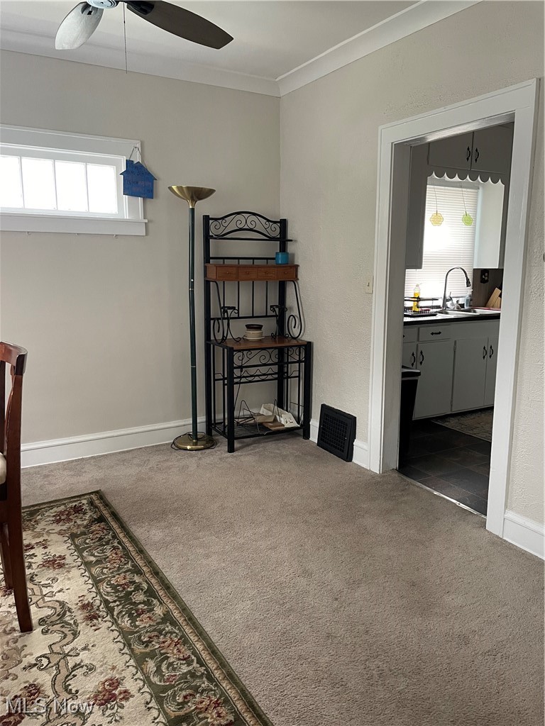 5313 Reed Avenue Ashtabula, OH 44004 - Photo 6 of 18 Living room with ceiling fan, carpet, and ornamental molding