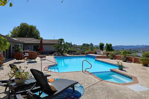 a view of swimming pool with outdoor seating and plants