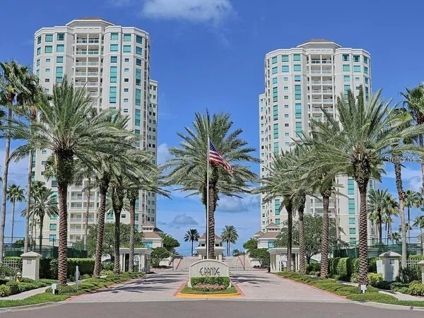 a view of a tall building and a palm tree
